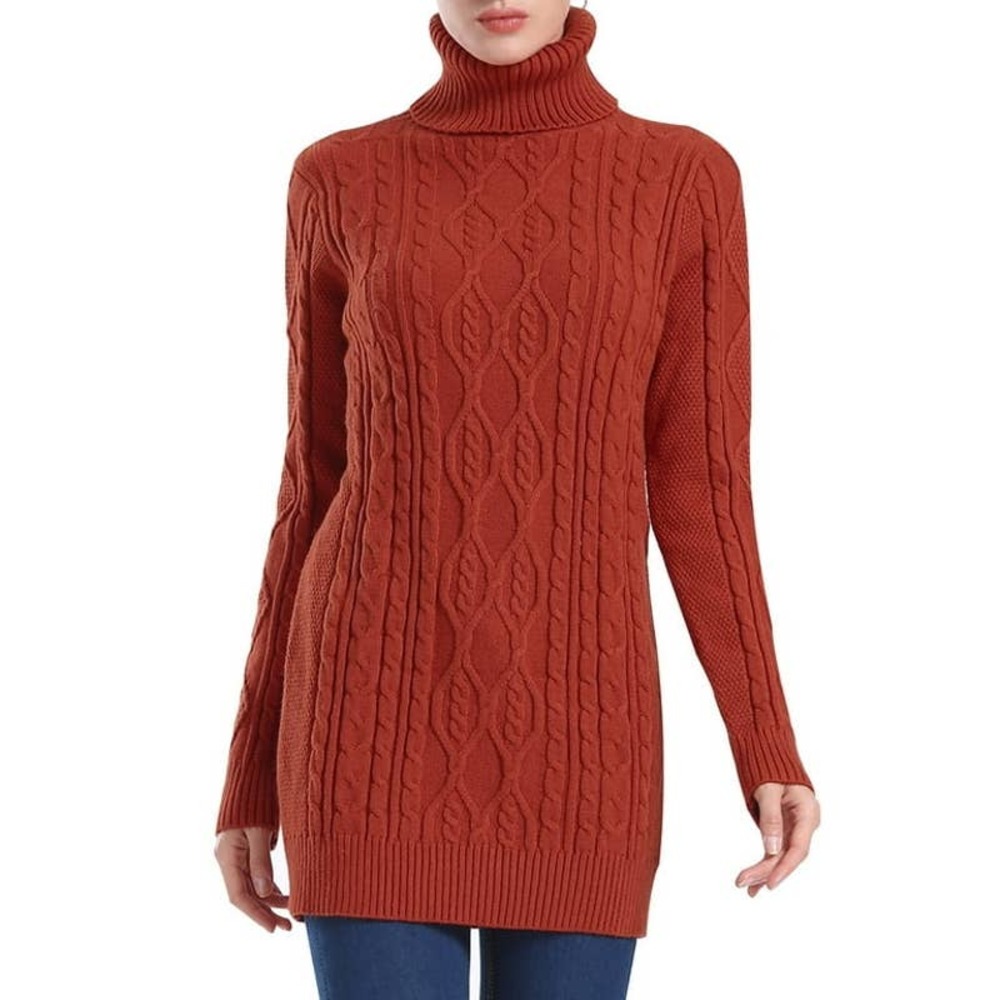 Pretty Guide Burnt Orange Turtleneck Sweater Long Cable Knit